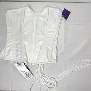 New Burlesk White Glamour Zip Overbust Day To Night  Corset Top Tie Women's 28
